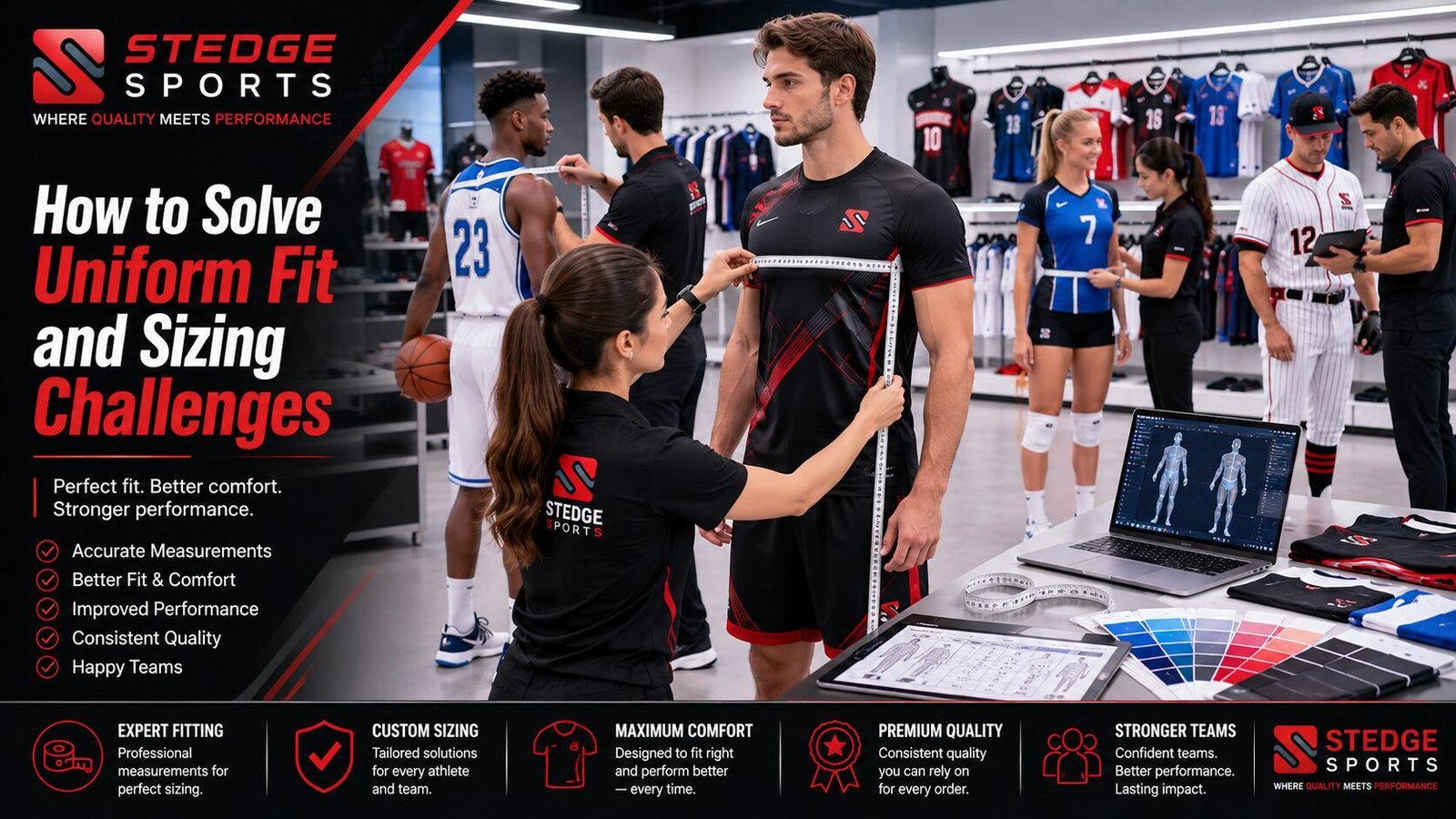Professional uniform fitting and sizing process for sports teams and staff.