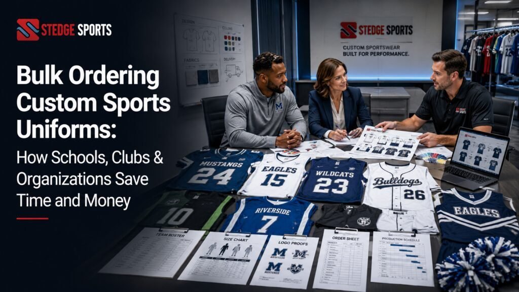 School athletic director and sportswear manufacturer reviewing a bulk custom sports uniform order for multiple teams.