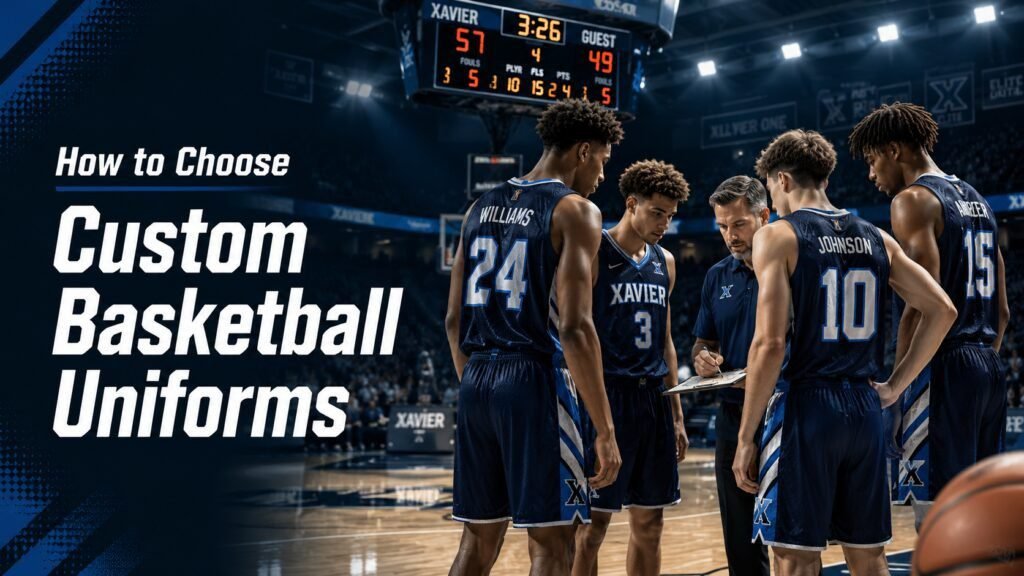 Custom basketball uniforms for a high school team featuring breathable fabric, sublimated design, and professional team branding.
