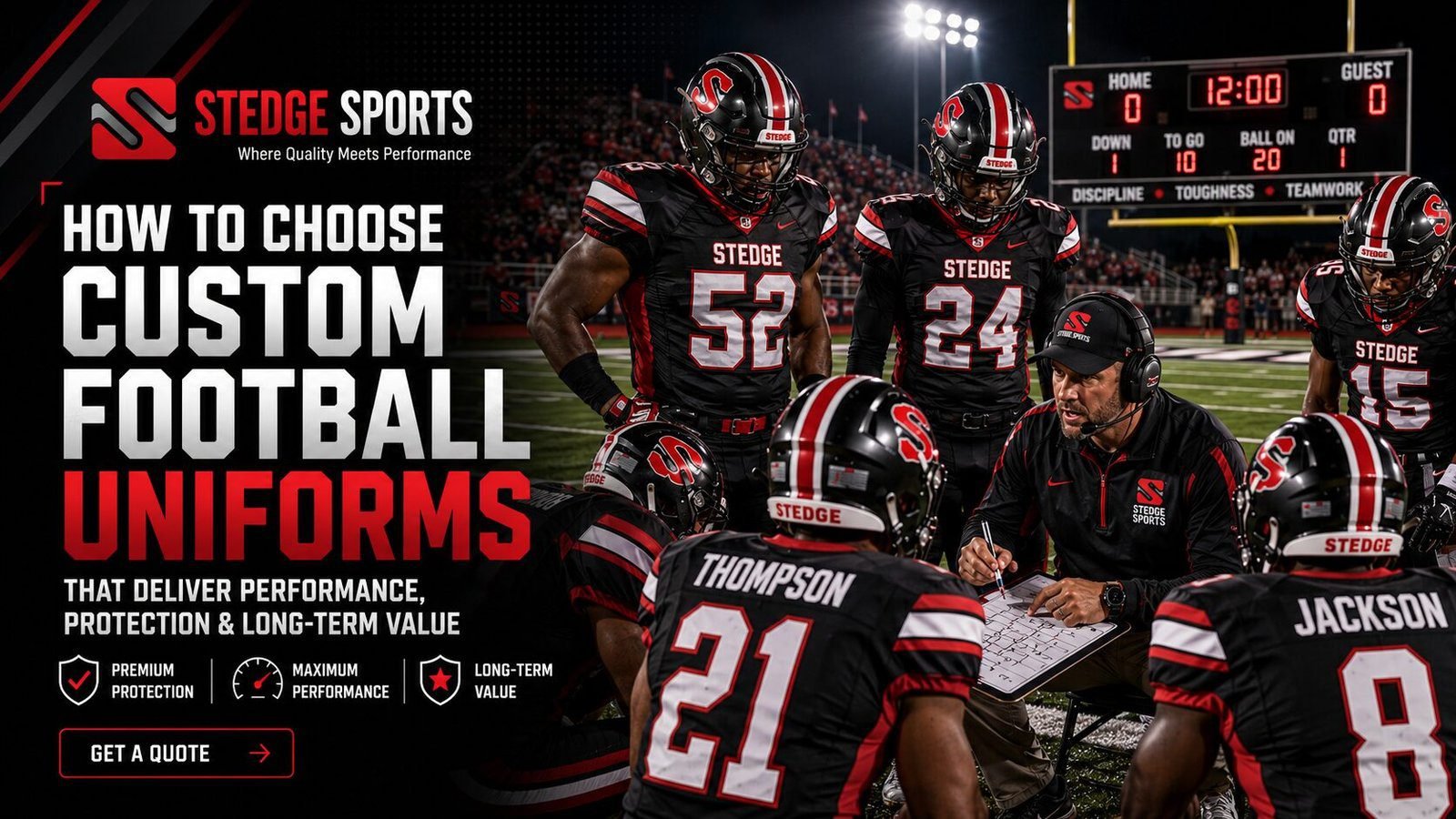 Custom football uniforms for a high school American football team featuring durable performance fabric, sublimated graphics, and professional team branding.