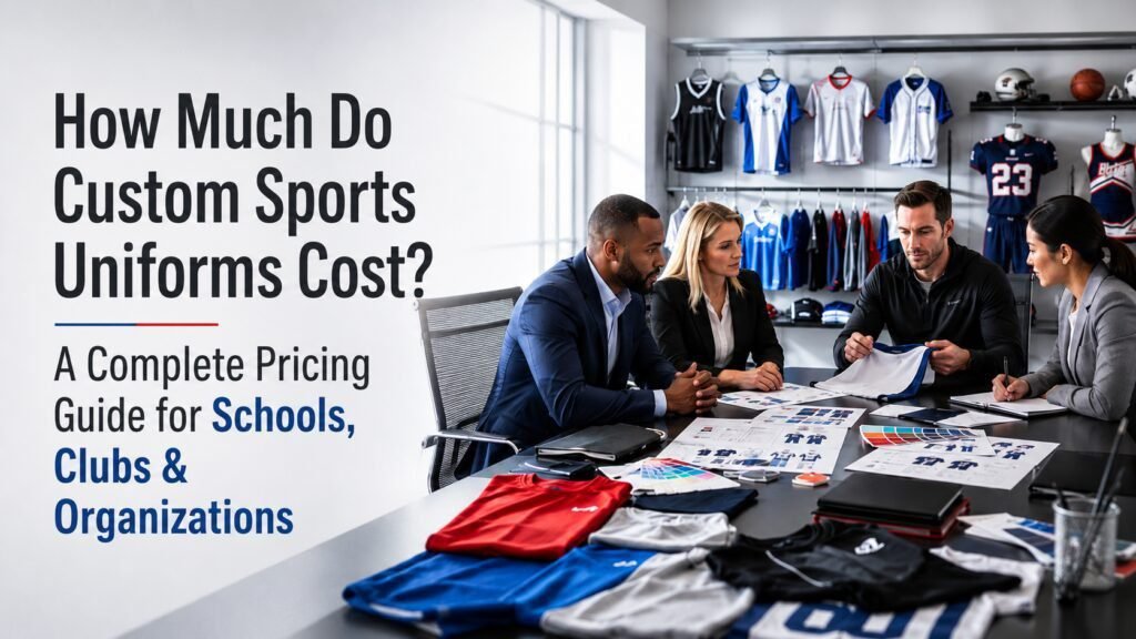 School administrator and sports club manager reviewing custom sports uniform pricing, fabric samples, and supplier quotations for a bulk team order.