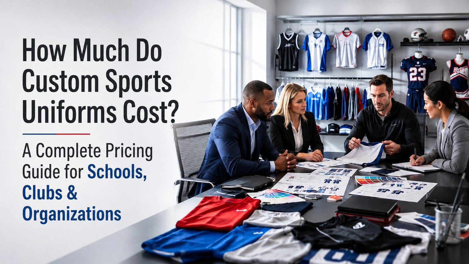 School administrator and sports club manager reviewing custom sports uniform pricing, fabric samples, and supplier quotations for a bulk team order.