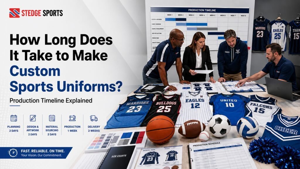 Sportswear manufacturer discussing custom sports uniform production timeline, artwork approval, and delivery schedule with a school athletic director.