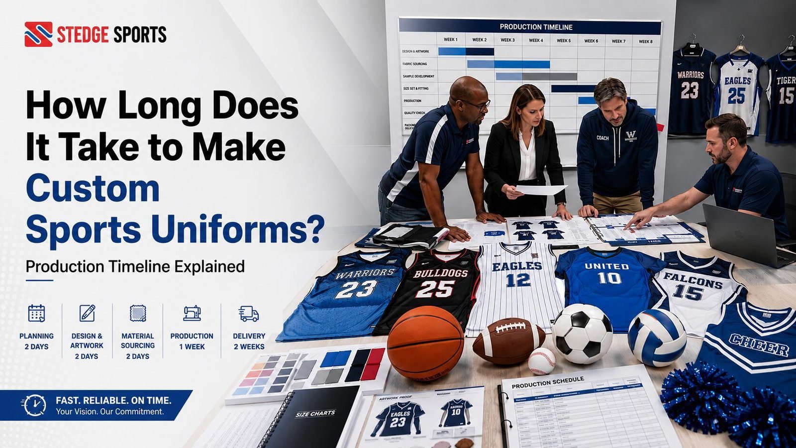 Sportswear manufacturer discussing custom sports uniform production timeline, artwork approval, and delivery schedule with a school athletic director.