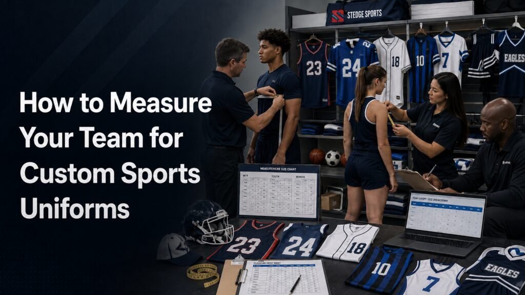 Coach measuring student athletes for custom sports uniforms using a sizing chart before placing a team order.