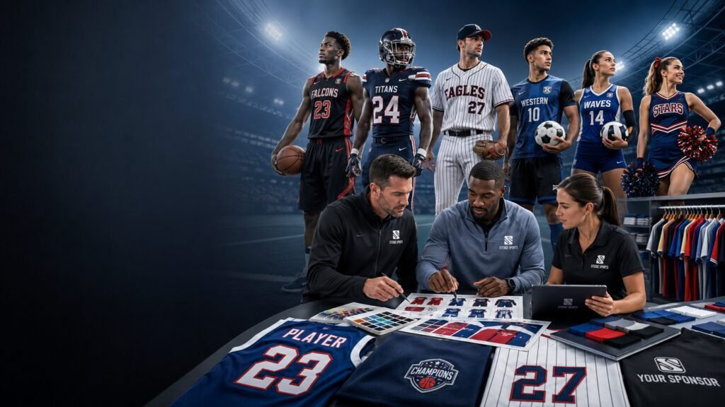 Custom sports uniforms designed for schools, sports clubs, and teams in the USA with personalized branding and performance fabrics