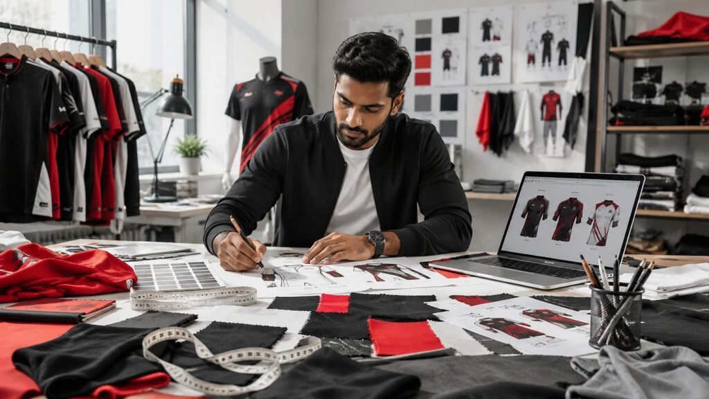 Entrepreneur planning a custom sportswear brand with athletic apparel designs, fabric samples, and manufacturing concepts