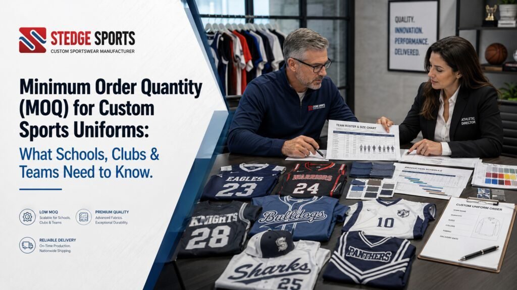 Athletic director reviewing team roster, player sizes, and custom sports uniform order quantities with a sportswear manufacturer before bulk production.